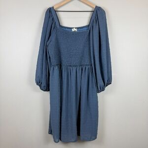 A Beautiful Soul Dress Women's 2X B Blue Swiss Dot‎ Smocked Square Neck Babydoll